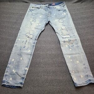 DAMATI Jeans Mens W38 Light Wash Distressed Paint Splatter Denim Straight Fit